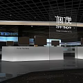 Modern Exhibition Hall Interior With Display Counters Multiple Screens And Brand Signage