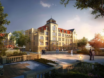 Elegant European Style Building With Red Roof Tower Garden Square And People Walking 3d model