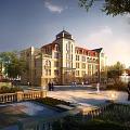 Elegant European Style Building With Red Roof Tower Garden Square And People Walking