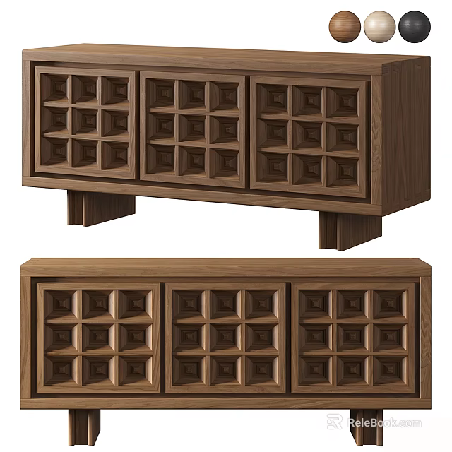 Modern Wooden TV Stand With Grid Pattern Doors Walnut Finish Three Compartments Storage Spaces 3d model 
