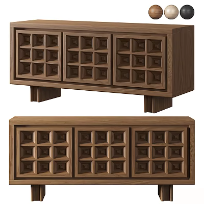 Modern Wooden TV Stand With Grid Pattern Doors Walnut Finish Three Compartments Storage Spaces 3d model
