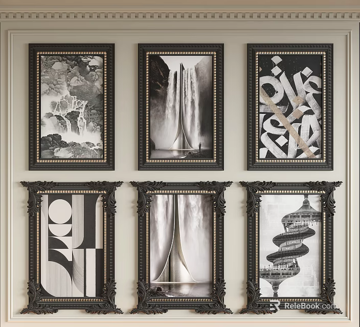 Abstract Paintings Black And White Framed Wall Decor With Geometric Shapes Waterfall And Spiral Architecture 3d model 