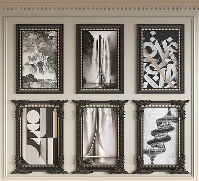 Abstract Paintings Black And White Framed Wall Decor With Geometric Shapes Waterfall And Spiral Architecture 3d model