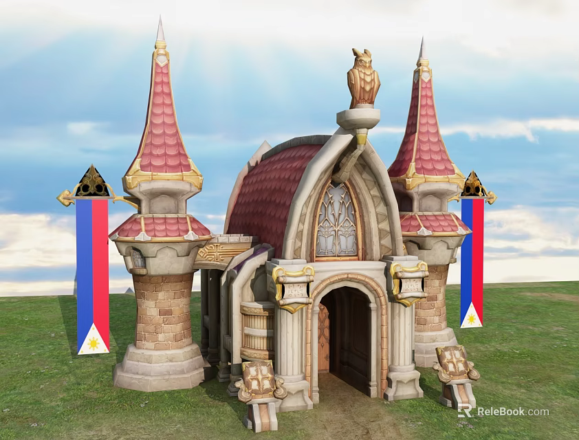 Cartoon Castle Scene With Red Spires Owl Statue Flags Green Grass Blue Sky And Clouds 3d model 