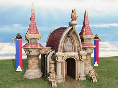 Cartoon Castle Scene With Red Spires Owl Statue Flags Green Grass Blue Sky And Clouds 3d model