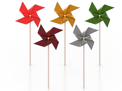 Colorful Pinwheels With Red Yellow Green Maroon Gray And Wooden Sticks On White Background 3d model
