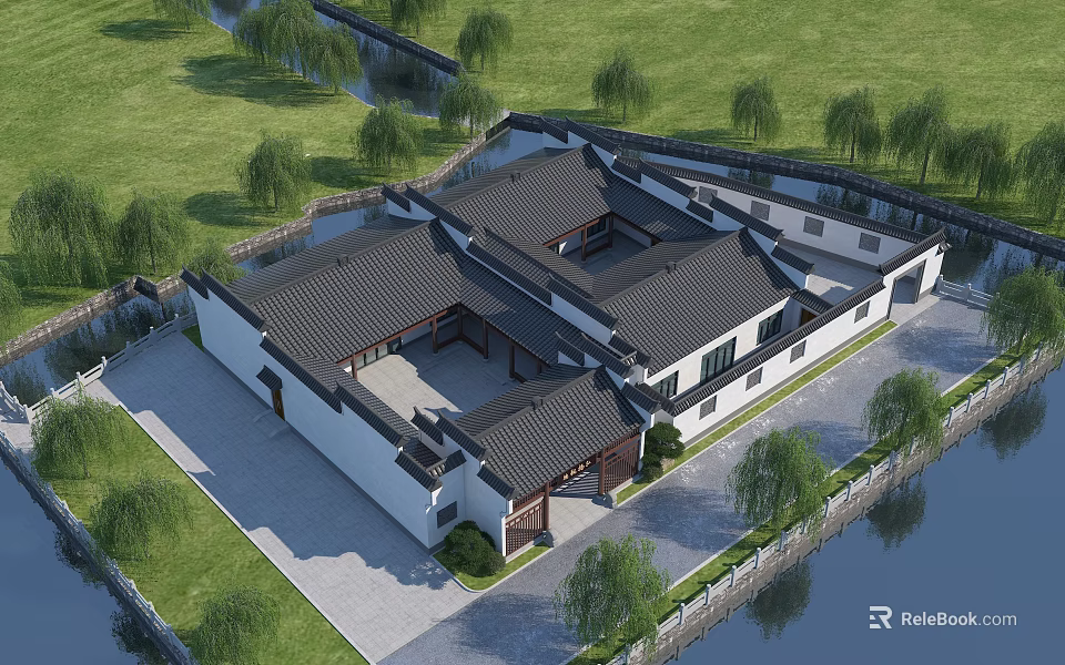 Ancient Chinese Architecture Courtyard Featuring Tiled Roofs And Surrounding Water Greenery 3d model 
