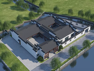Ancient Chinese Architecture Courtyard Featuring Tiled Roofs And Surrounding Water Greenery 3d model