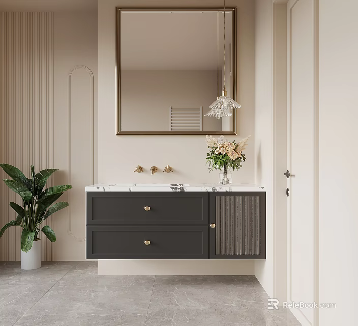 Modern Dark Gray Bathroom Vanity With Gold Faucet Framed Mirror And Green Plant 3d model 
