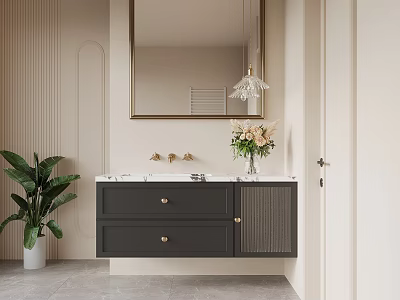 Modern Dark Gray Bathroom Vanity With Gold Faucet Framed Mirror And Green Plant 3d model