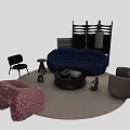Blue Bubble Sofa and Black Round Coffee Table Set with Pink Fluffy Rug Beige Armchair and Floor Lamp