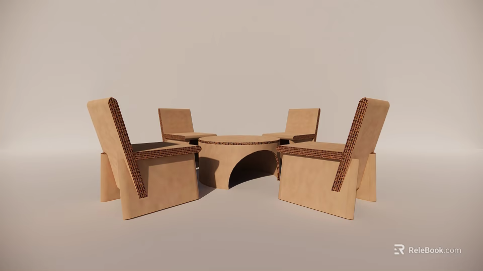 Modern Beige Round Dining Table With Four Upholstered Chairs And Sturdy Base 3d model 