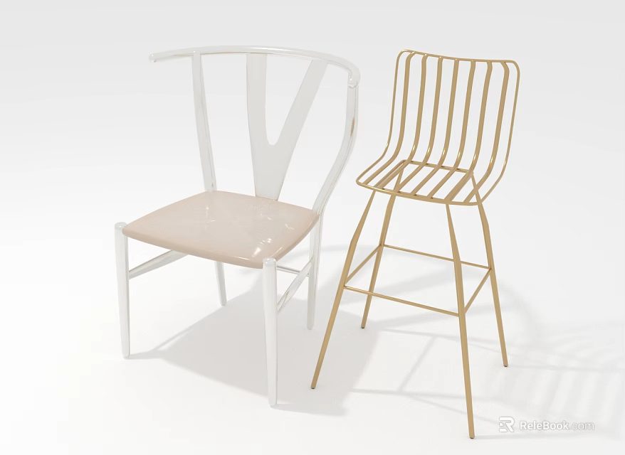 Modern White and Gold Leisure Chairs with V Shaped Backrest and Slatted High Leg Design 3d model 