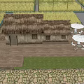 Rural Landscape With Thatched Roof House Windmill Rice Field Pond Blue Sky And White Clouds