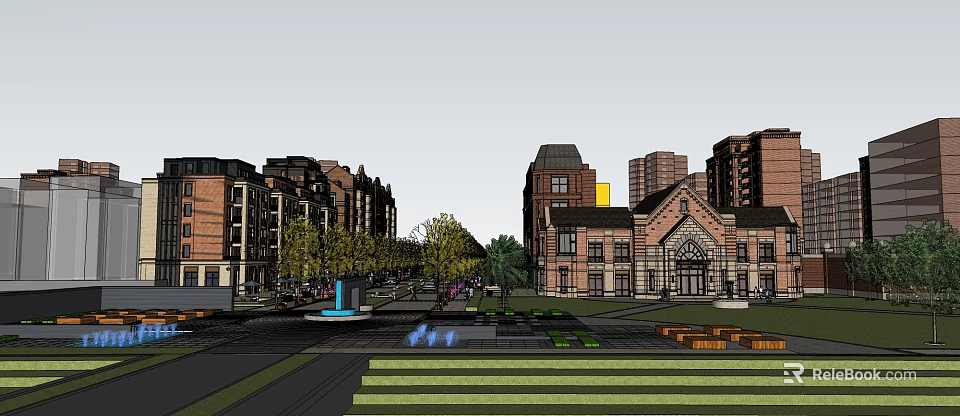 Vibrant Commercial Street With Multi Story Buildings Greenery Benches And Fountain 3d model 
