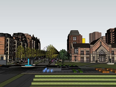 Vibrant Commercial Street With Multi Story Buildings Greenery Benches And Fountain 3d model