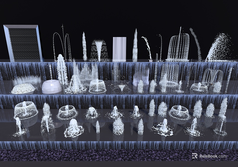 Various Stylish Fountain Designs with Layered Structures Water Jets and Stone Pebbles 3d model 