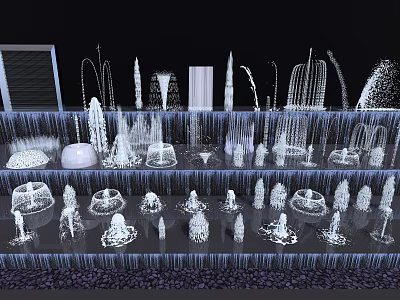Various Stylish Fountain Designs with Layered Structures Water Jets and Stone Pebbles 3d model