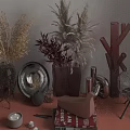 Decorative Ornament Combination With Dried Flowers Vases Metal Bowl Candle And Books