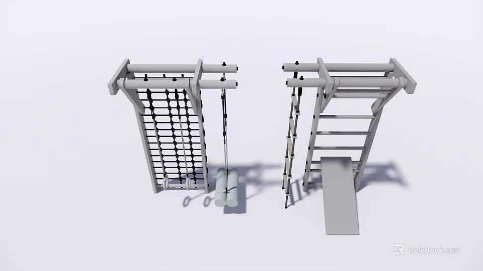 Outdoor Fitness Equipment With Climbing Net Hanging Rings Ladder And Platform 3d model 