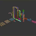 Industrial Machinery Components Featuring Yellow Red Structural Frames And Metal Pallets
