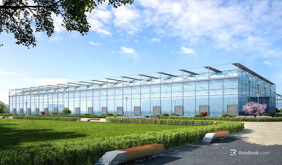 Modern Industrial Factory Building With Glass Curtain Walls Metal Roof And Green Surroundings 3d model 