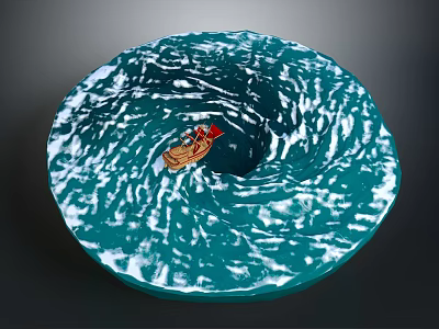 Blue Whirlpool Water Waves With Small Boat In Center And Red Object 3d model