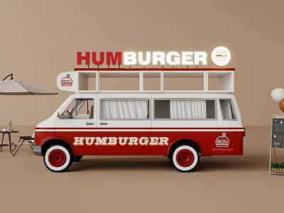 Red and White Hamburger Food Truck with Top HAMBURGER Sign for Mobile Street Selling 3d model