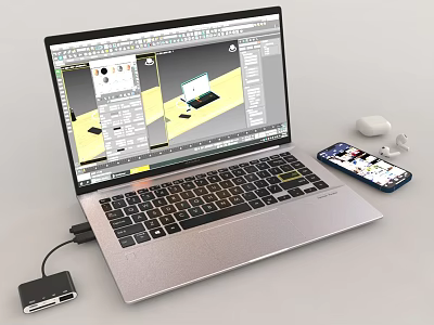 Laptop Displaying Design Software Interface with USB Hub Mouse and Smartphone 3d model