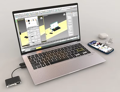 Laptop Displaying Design Software Interface with USB Hub Mouse and Smartphone 3d model