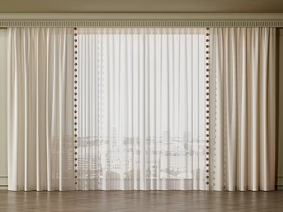 Elegant White Curtains With Sheer Panels And Decorative Trim For Window View 3d model