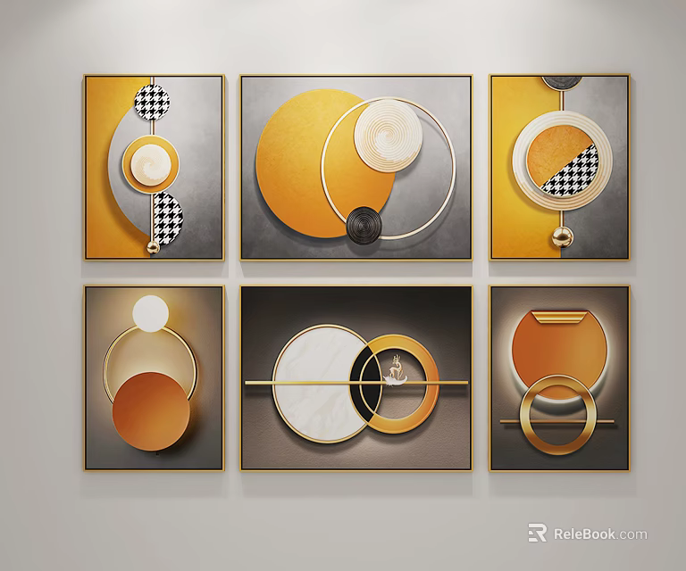 Abstract Geometric Wall Art With Circles Yellow Gray And Golden Frames 3d model 