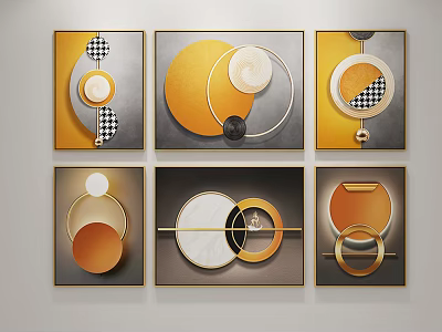 Abstract Geometric Wall Art With Circles Yellow Gray And Golden Frames 3d model