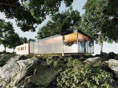 Modern Detached Villa With Glass Facade Amidst Trees And Rocky Greenery 3d model