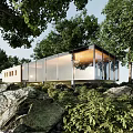 Modern Detached Villa With Glass Facade Amidst Trees And Rocky Greenery