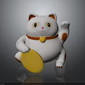 White Lucky Cat Holding Yellow Coin with Red Ears Paws Collar and Gold Bell