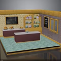 Small Kitchen Interior With Orange Counter Blackboard Menu Colorful Bowls Shelves And Blue Tiled Floor