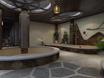 Traditional SPA Sauna Interior With Wooden Ceiling Stone Bathtub And Decorative Plants 3d model