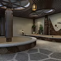 Traditional SPA Sauna Interior With Wooden Ceiling Stone Bathtub And Decorative Plants
