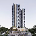Modern High Rise Residential Building With Glass Facade Tree Surroundings And Ground Floor Shops