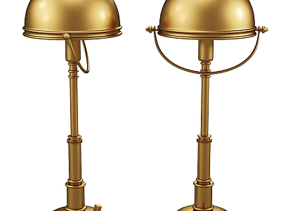 Two Golden Classic Table Lamps With Dome Shaped Shades And Metal Bases 3d model