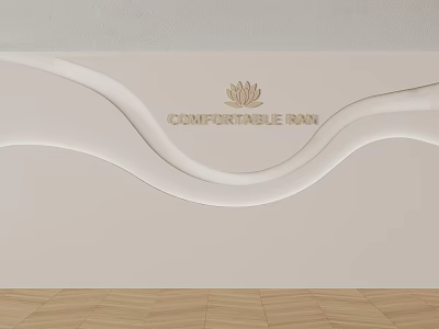 Beige Background Wall With Wavy White Decorative Lines And Lotus Pattern "COMFORTABLE INN" Text 3d model