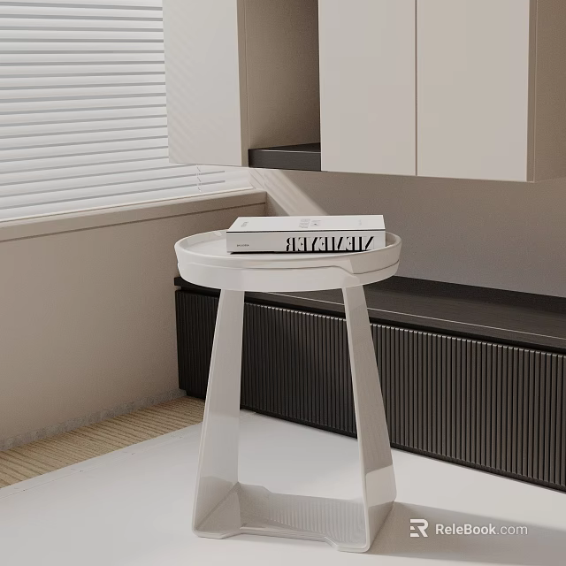Modern White Side Table With Book On Top In Minimalist Room Near Window And Cabinets 3d model 