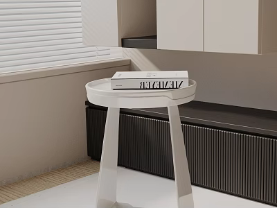 Modern White Side Table With Book On Top In Minimalist Room Near Window And Cabinets 3d model
