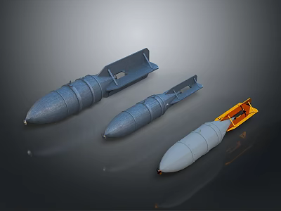 Three Military Grade Metallic Bombs with Blue and Orange Cylindrical Bodies 3d model