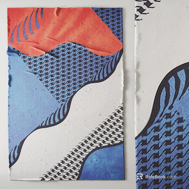 Modern Square Rug With Orange Blue Wavy Patterns And Houndstooth Design Elements 3d model 