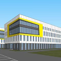 Modern Office Building Exterior Design With Yellow Accents Glass Windows And Green Lawns