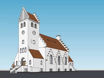 Ancient Architecture Featuring White Exterior Brown Roof Tower Clock And Arched Windows 3d model