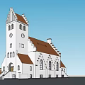 Ancient Architecture Featuring White Exterior Brown Roof Tower Clock And Arched Windows