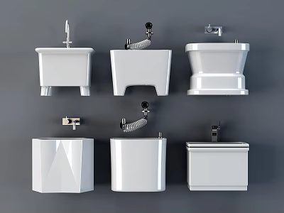 White Ceramic Washing Basins with Various Designs and Faucet Accessories for Daily Bathroom Use 3d model
